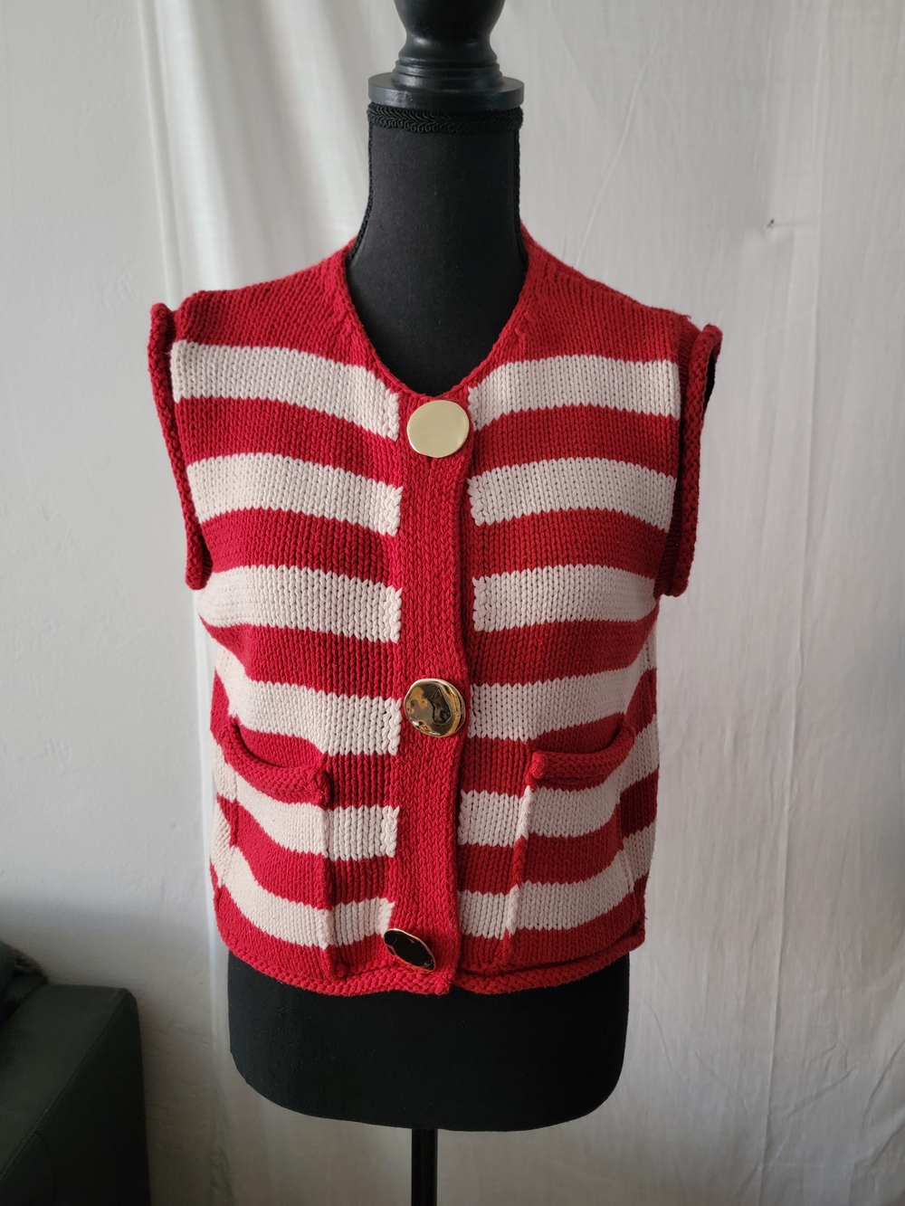 Zara Red and White Striped Knit Vest with Gold Buttons/S